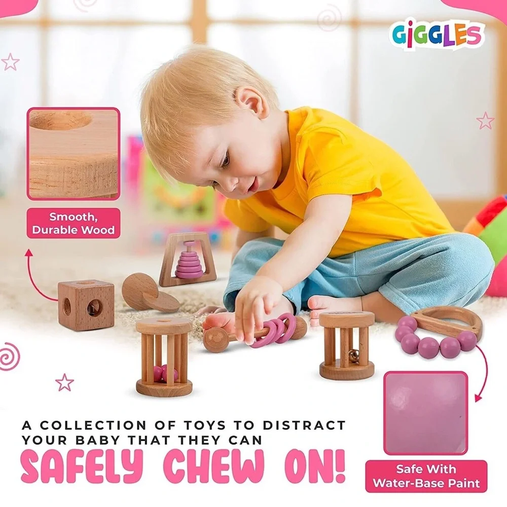 PINK Wooden Baby Toy & Wooden Baby Rattle, 0-6 Months Wooden Toys